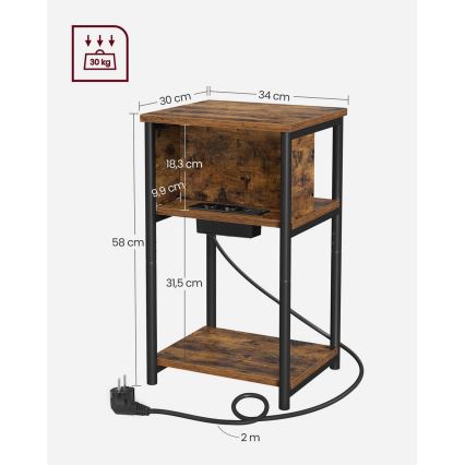Mesa auxiliar con enchufes integrados y puertos USB ROD marrón/negro