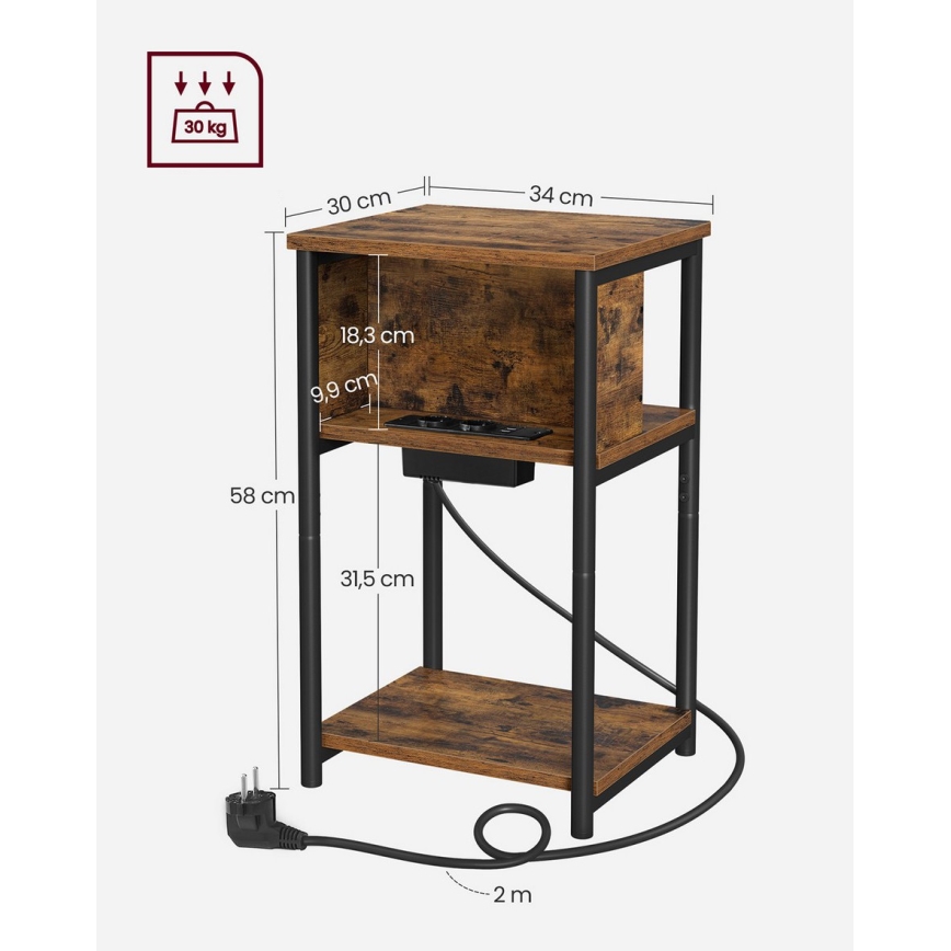 Mesa auxiliar con enchufes integrados y puertos USB ROD marrón/negro