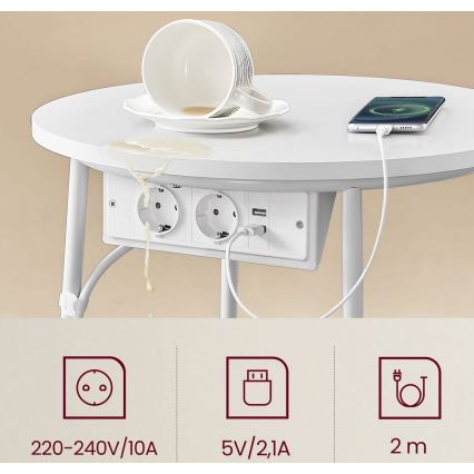 Mesa auxiliar NOIRA con enchufes integrados y puertos USB, beige/blanco