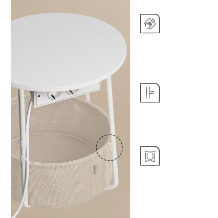 Mesa auxiliar NOIRA con enchufes integrados y puertos USB, beige/blanco