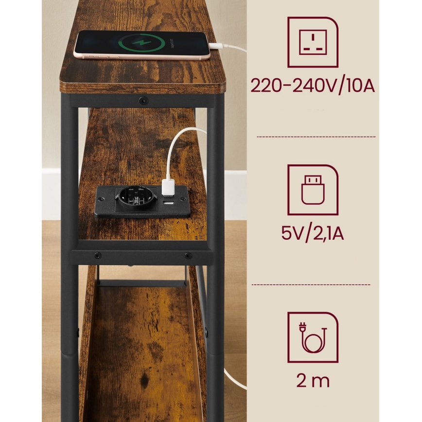 Mesa auxiliar ROD con enchufe integrado y puertos USB, marrón/negro