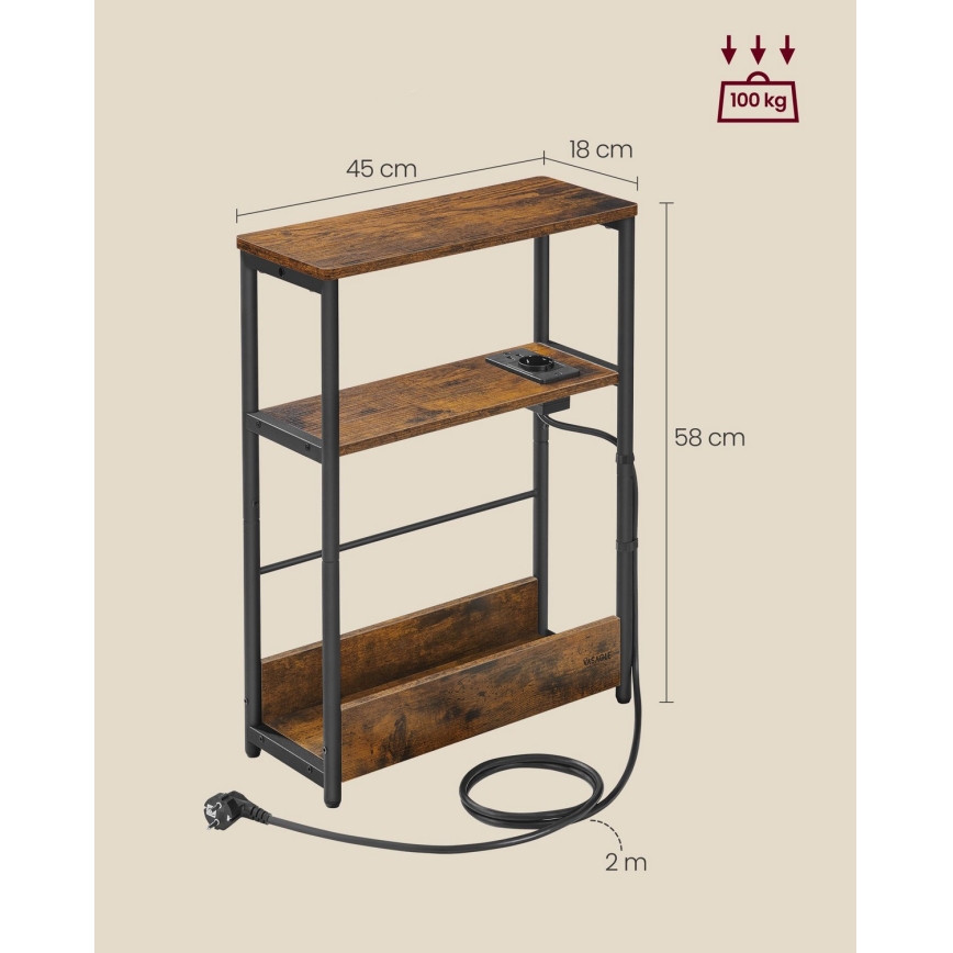 Mesa auxiliar ROD con enchufe integrado y puertos USB, marrón/negro