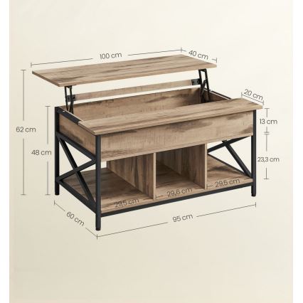 Mesa de centro con tablero elevable NYRO, marrón/negro