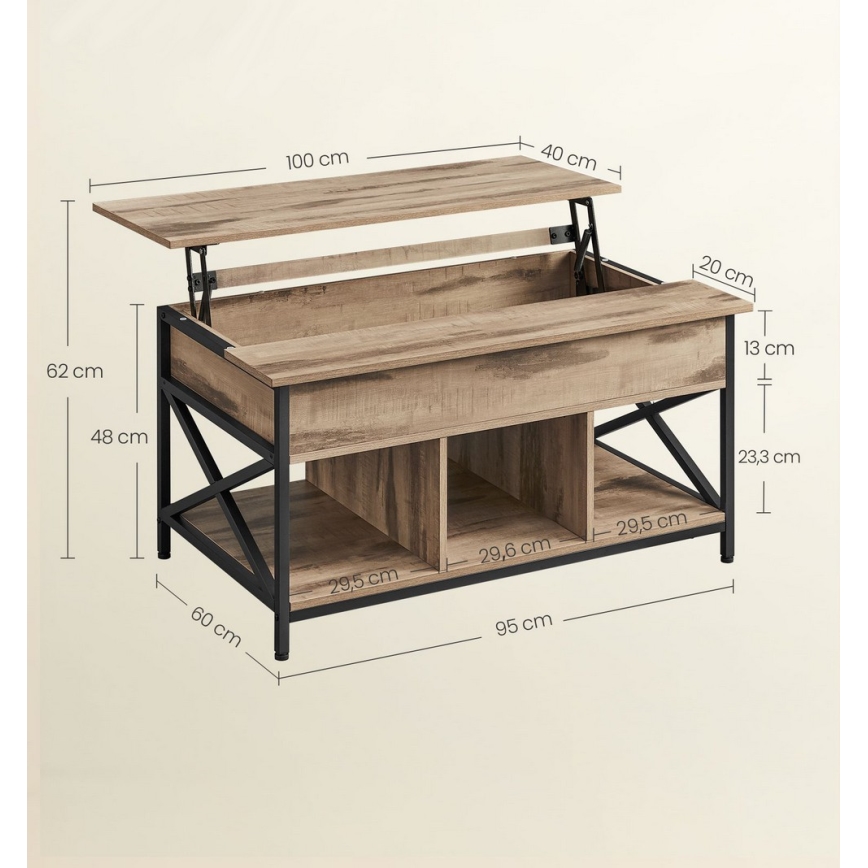 Mesa de centro con tablero elevable NYRO, marrón/negro