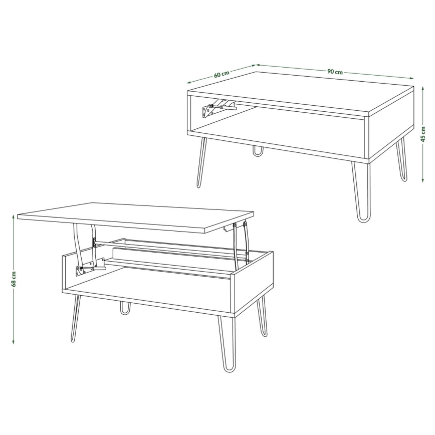 Mesa de centro con tablero elevable y estante HALIJA roble craft/negro