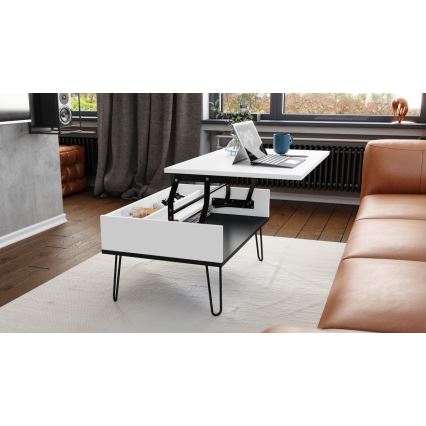 Mesa de centro con tapa elevable y balda HALIJA blanca/negra