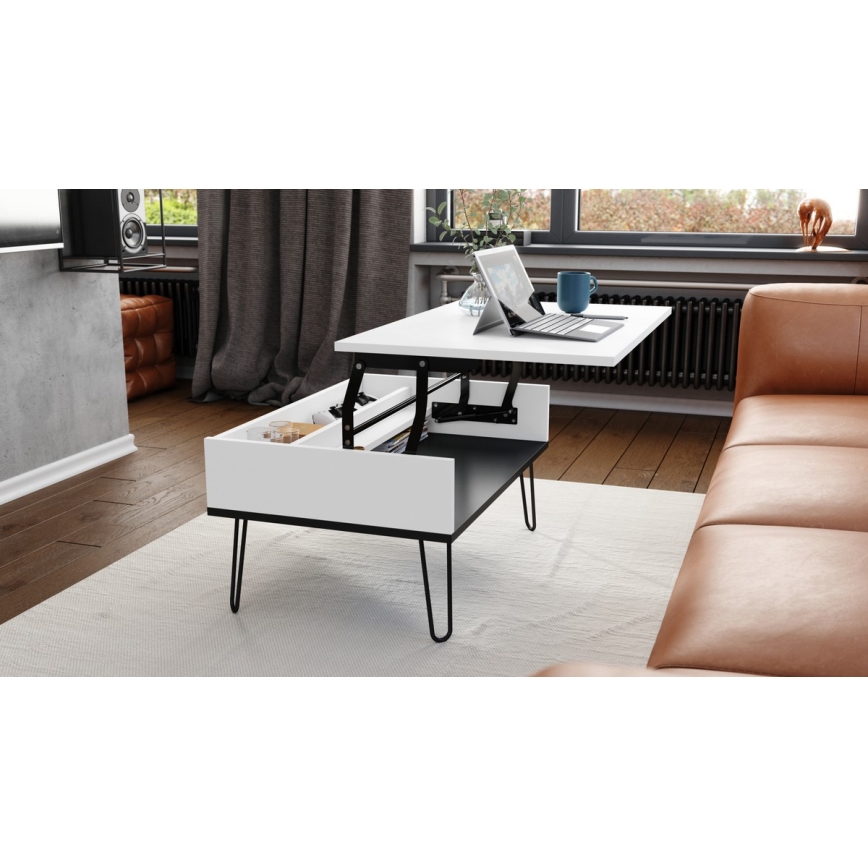 Mesa de centro con tapa elevable y balda HALIJA blanca/negra