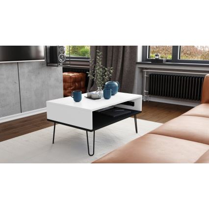 Mesa de centro con tapa elevable y balda HALIJA blanca/negra