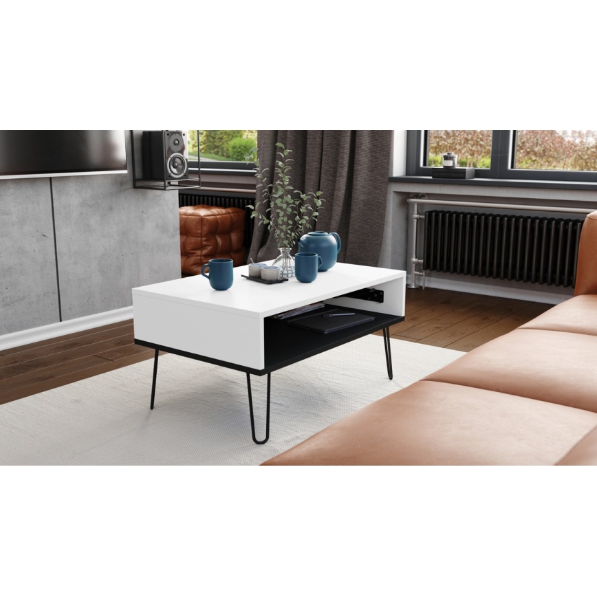Mesa de centro con tapa elevable y balda HALIJA blanca/negra