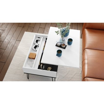 Mesa de centro con tapa elevable y balda HALIJA blanca/negra