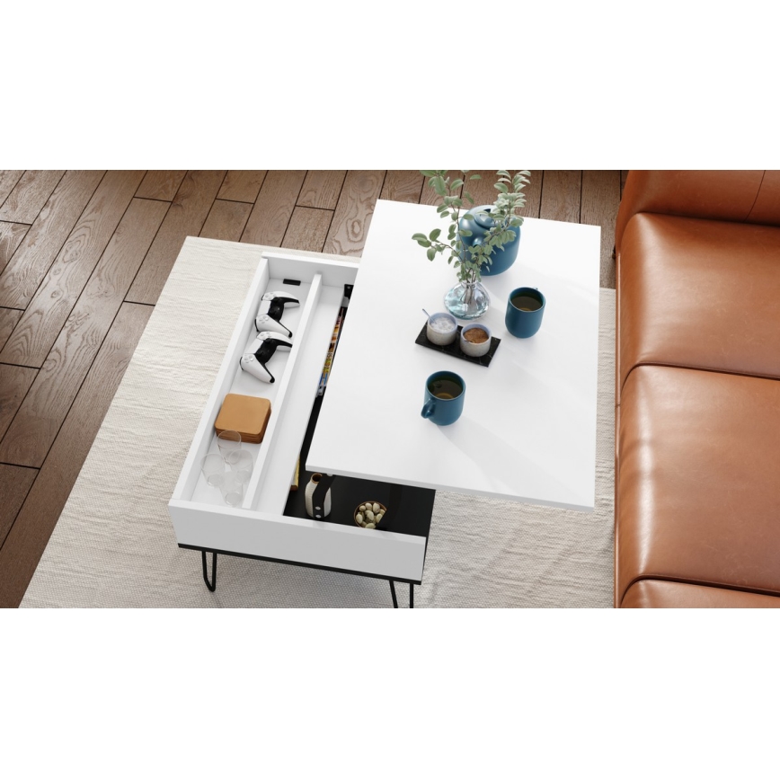 Mesa de centro con tapa elevable y balda HALIJA blanca/negra