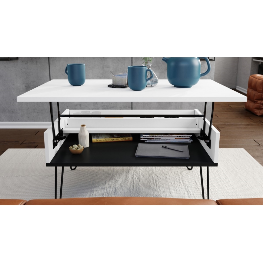 Mesa de centro con tapa elevable y balda HALIJA blanca/negra