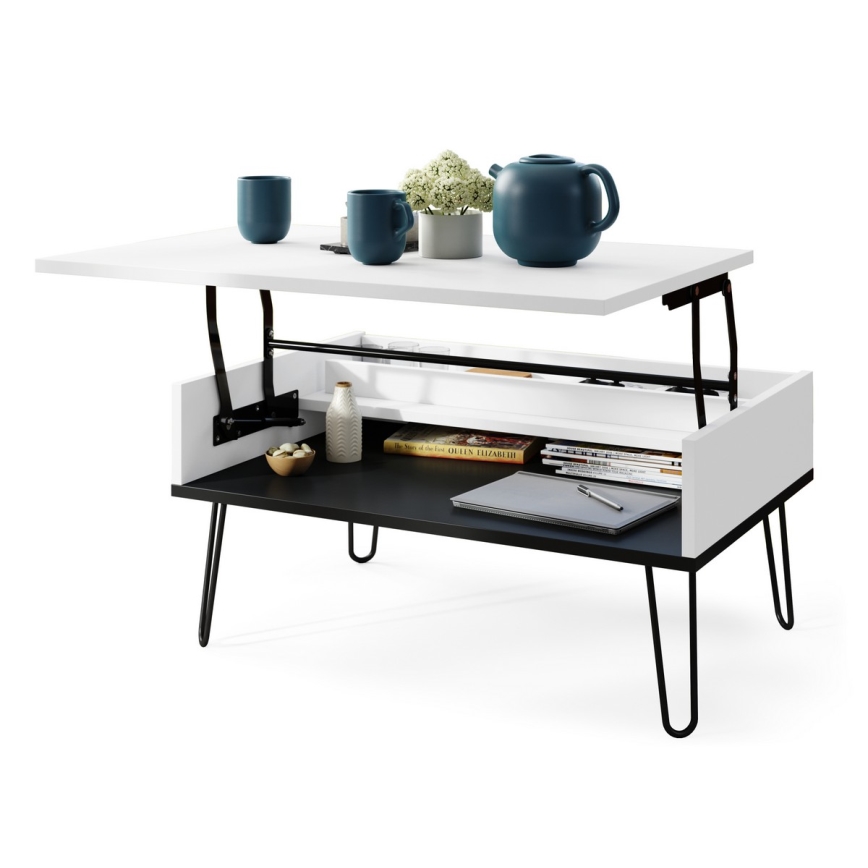 Mesa de centro con tapa elevable y balda HALIJA blanca/negra