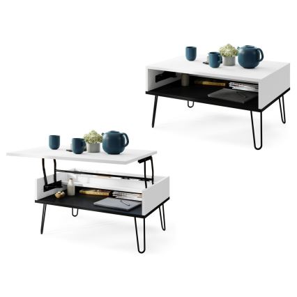 Mesa de centro con tapa elevable y balda HALIJA blanca/negra
