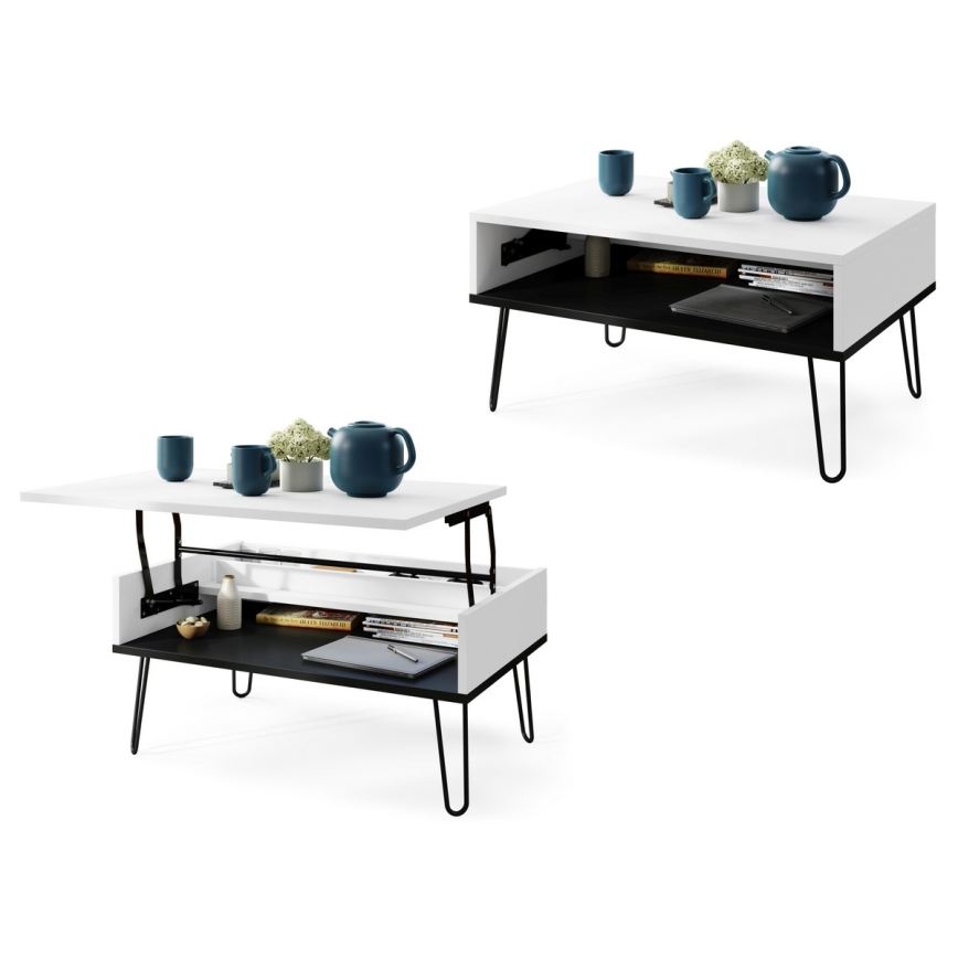 Mesa de centro con tapa elevable y balda HALIJA blanca/negra