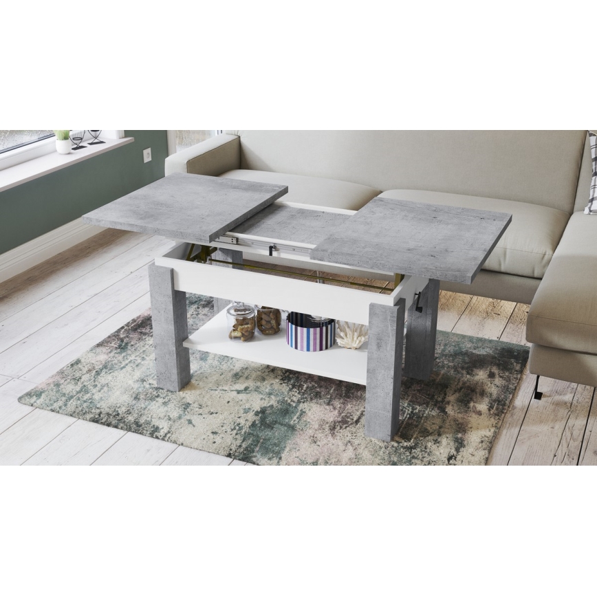 Mesa de centro extensible con balda ADONIS 110/150x68 cm gris hormigón/blanco