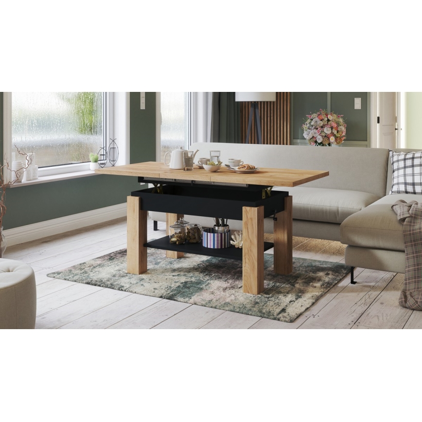 Mesa de centro extensible con estante ADONIS 110/150x68 cm roble craft/negro
