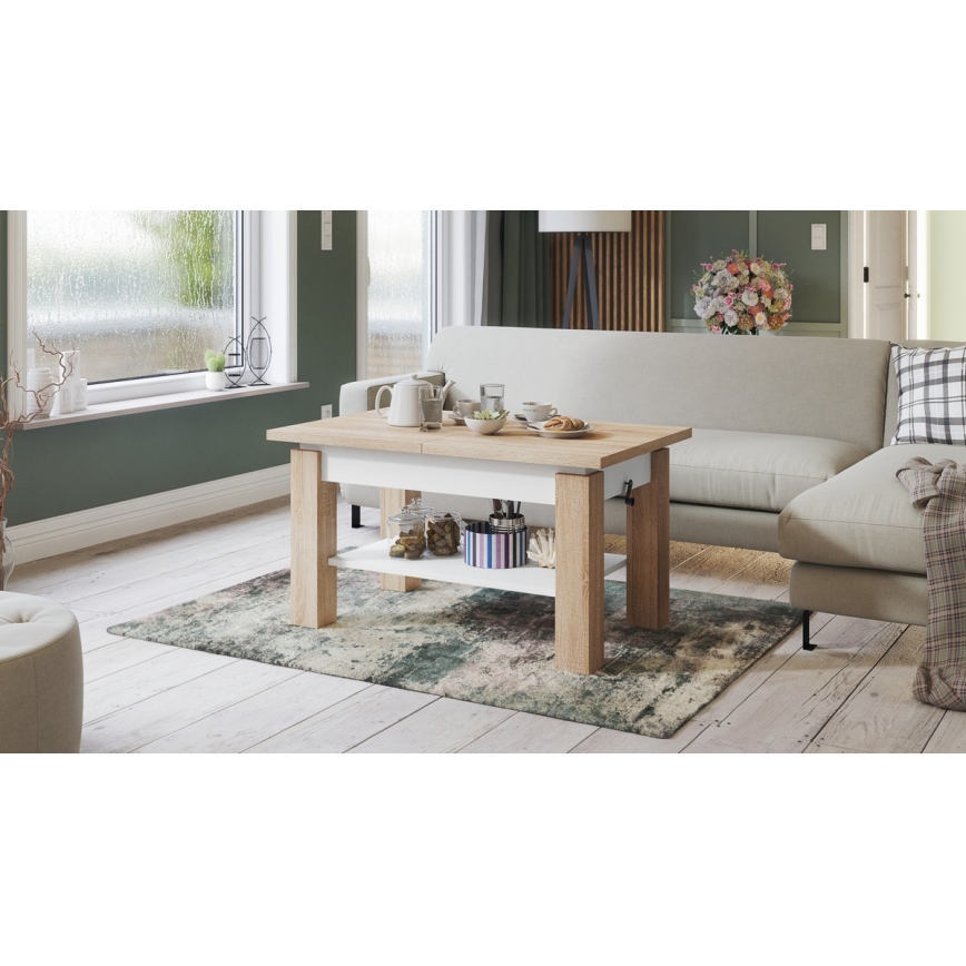 Mesa de centro extensible con estante ADONIS 110/150x68 cm roble sonoma/blanco