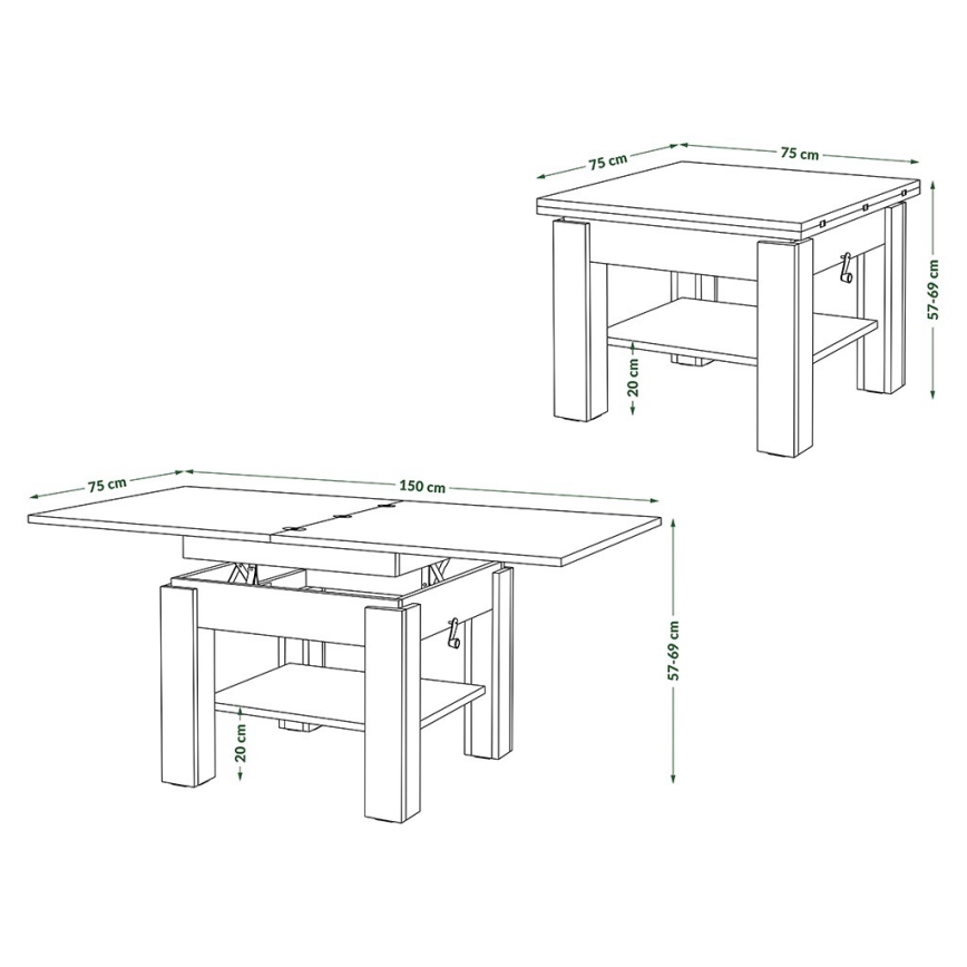 Mesa de centro extensible con tablero elevable CALEB 75/150x75 cm blanca