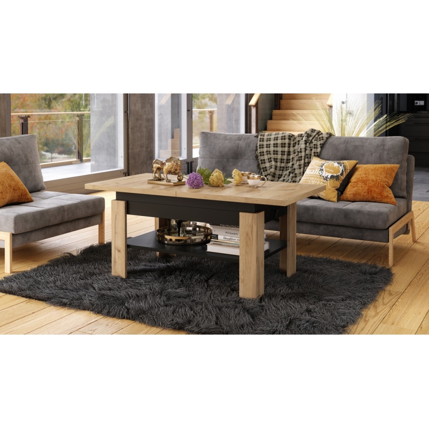 Mesa de centro extensible con tablero elevable ROY 130/170x65 cm roble craft/negro