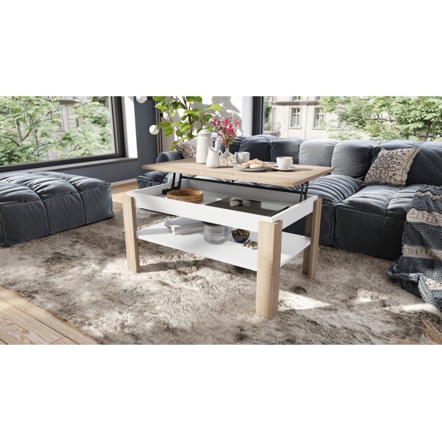 Mesa de centro extensible con tablero elevable y balda ADEN, roble Sonoma/blanco