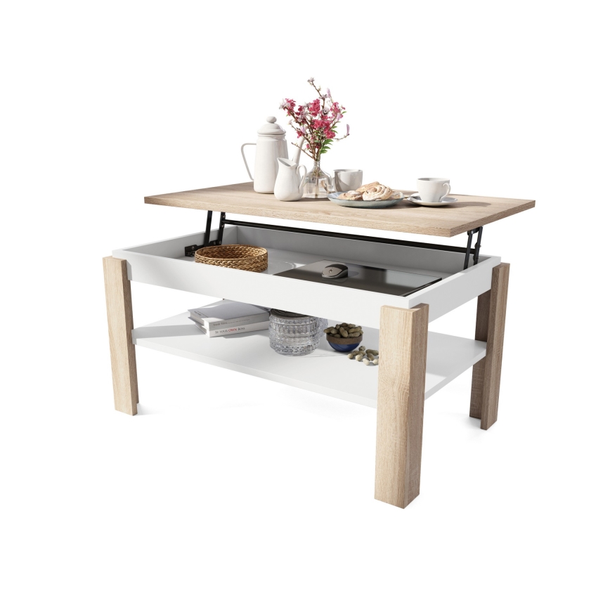 Mesa de centro extensible con tablero elevable y balda ADEN, roble Sonoma/blanco