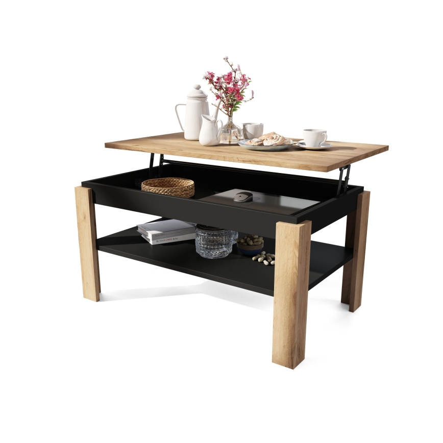 Mesa de centro extensible con tapa elevable y estante ADEN roble craft/negro