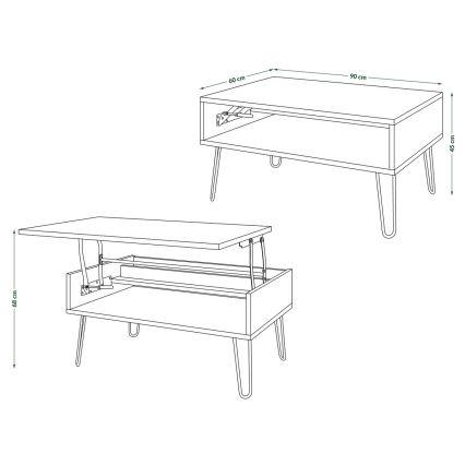 Mesa de centro HALIJA con tablero elevable y estante, blanco/negro