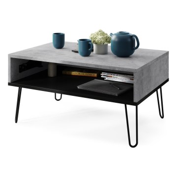 Mesa de centro HALIJA con tablero elevable y estante, gris hormigón/negro