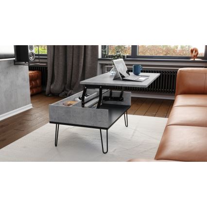 Mesa de centro HALIJA con tablero elevable y estante, gris hormigón/negro