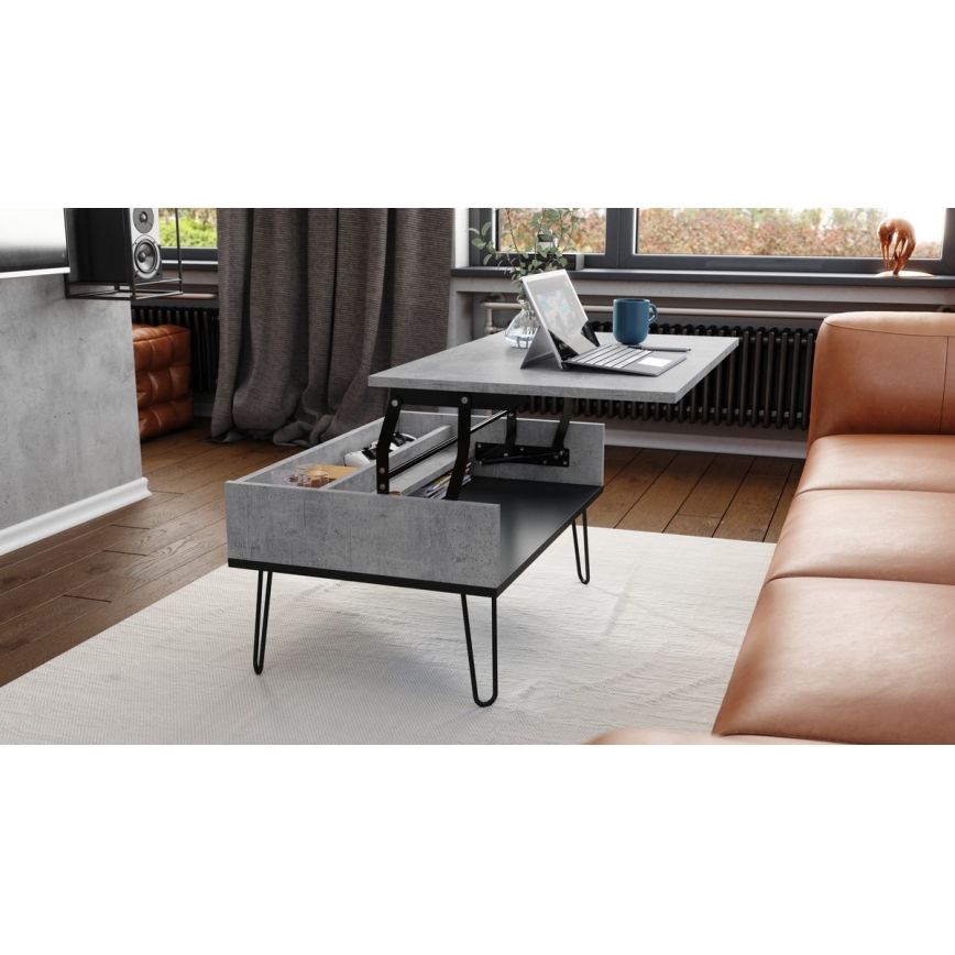 Mesa de centro HALIJA con tablero elevable y estante, gris hormigón/negro