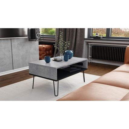Mesa de centro HALIJA con tablero elevable y estante, gris hormigón/negro
