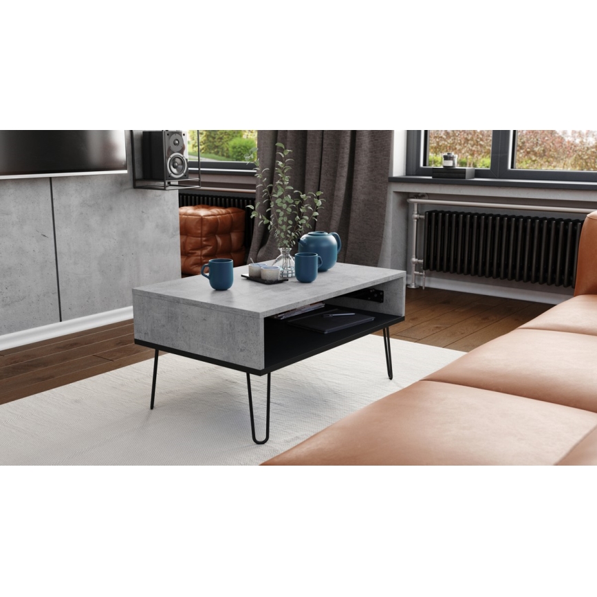 Mesa de centro HALIJA con tablero elevable y estante, gris hormigón/negro