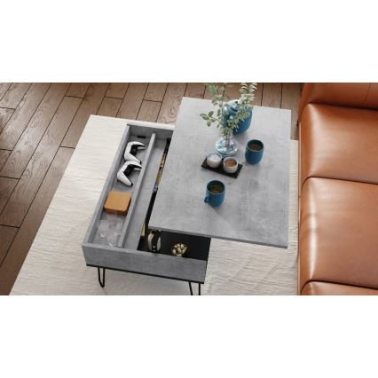Mesa de centro HALIJA con tablero elevable y estante, gris hormigón/negro