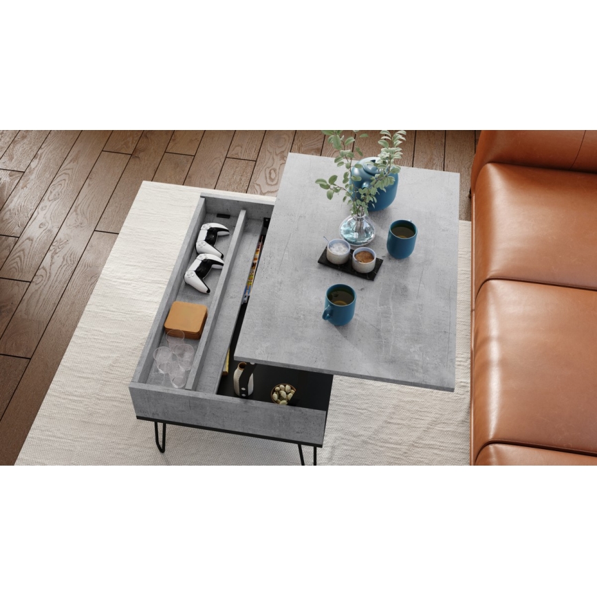 Mesa de centro HALIJA con tablero elevable y estante, gris hormigón/negro