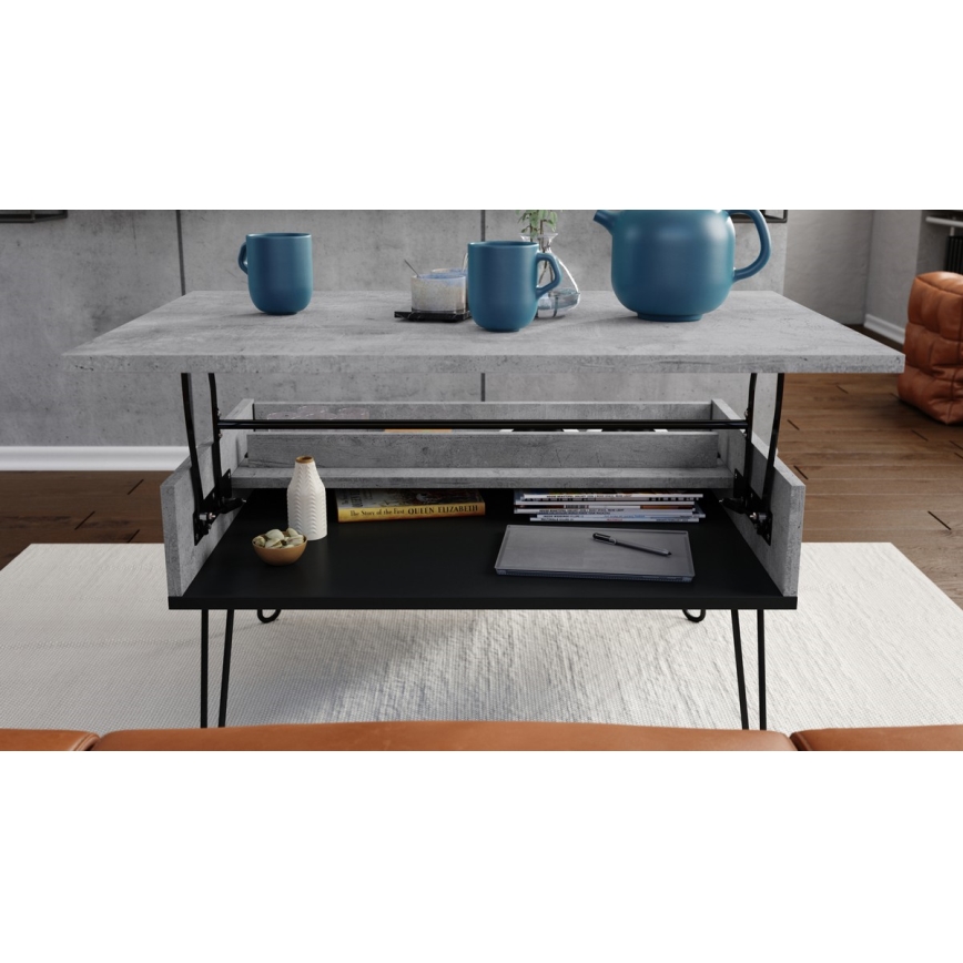 Mesa de centro HALIJA con tablero elevable y estante, gris hormigón/negro