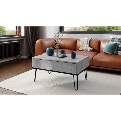 Mesa de centro HALIJA con tablero elevable y estante, gris hormigón/negro