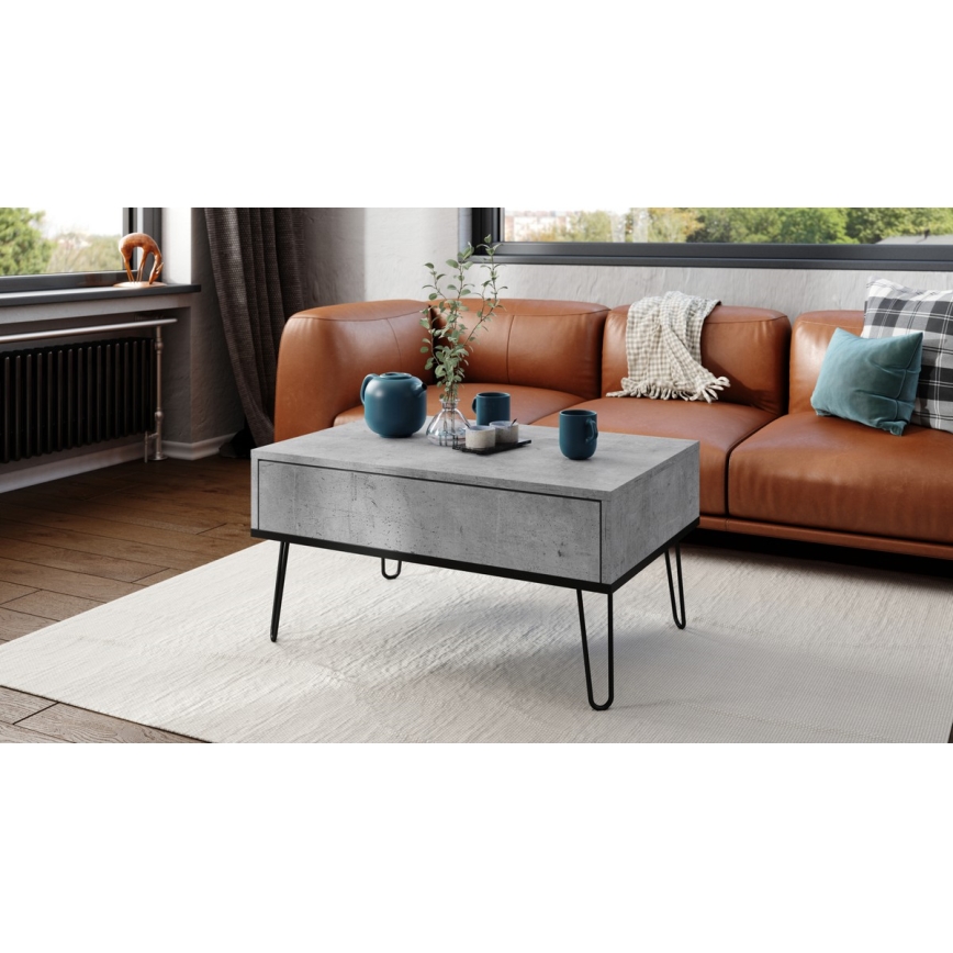 Mesa de centro HALIJA con tablero elevable y estante, gris hormigón/negro