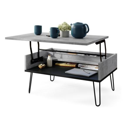 Mesa de centro HALIJA con tablero elevable y estante, gris hormigón/negro