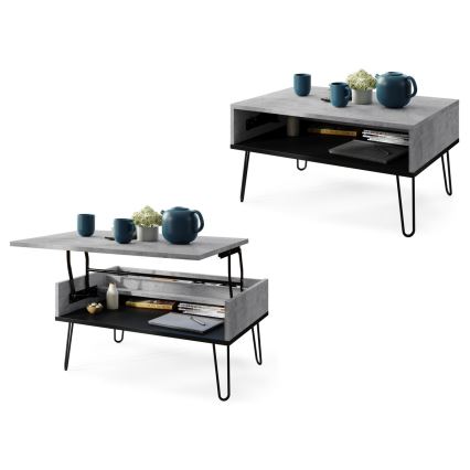 Mesa de centro HALIJA con tablero elevable y estante, gris hormigón/negro