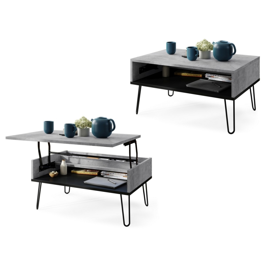 Mesa de centro HALIJA con tablero elevable y estante, gris hormigón/negro