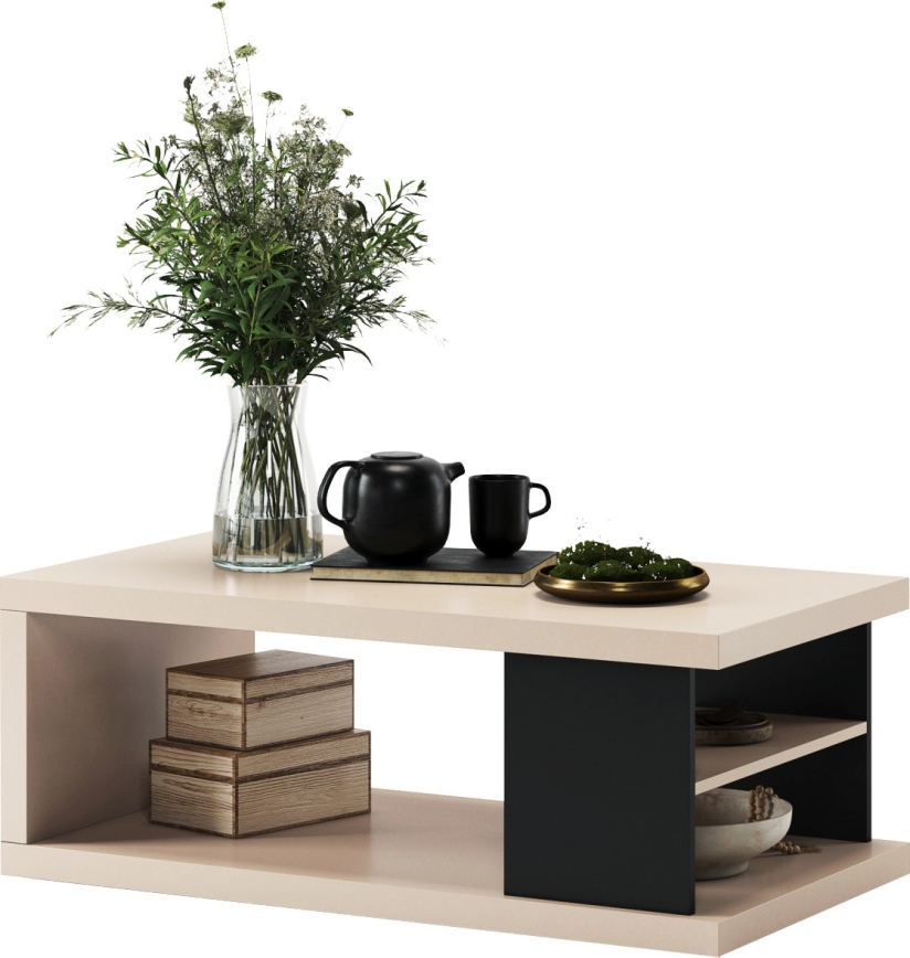 Mesa de centro LORA con estante y compartimento de almacenamiento beige/negro