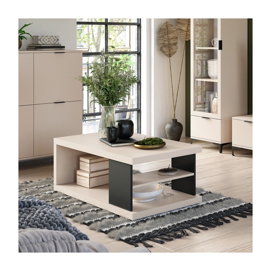 Mesa de centro LORA con estante y compartimento de almacenamiento beige/negro