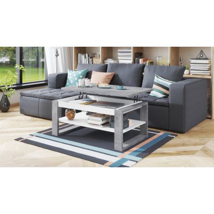 Mesa de centro NEA con tablero elevable y estante, gris hormigón/blanco