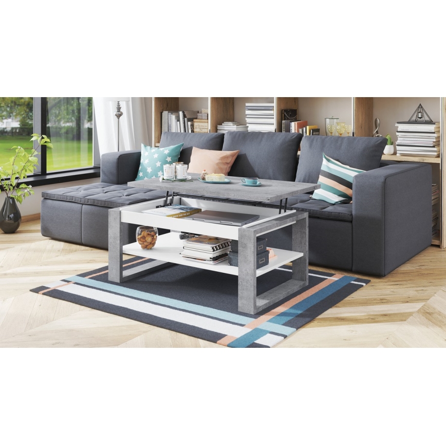 Mesa de centro NEA con tablero elevable y estante, gris hormigón/blanco