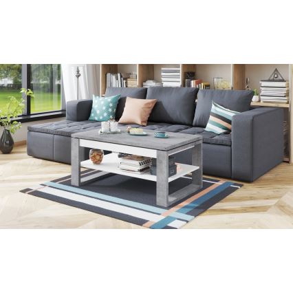 Mesa de centro NEA con tablero elevable y estante, gris hormigón/blanco