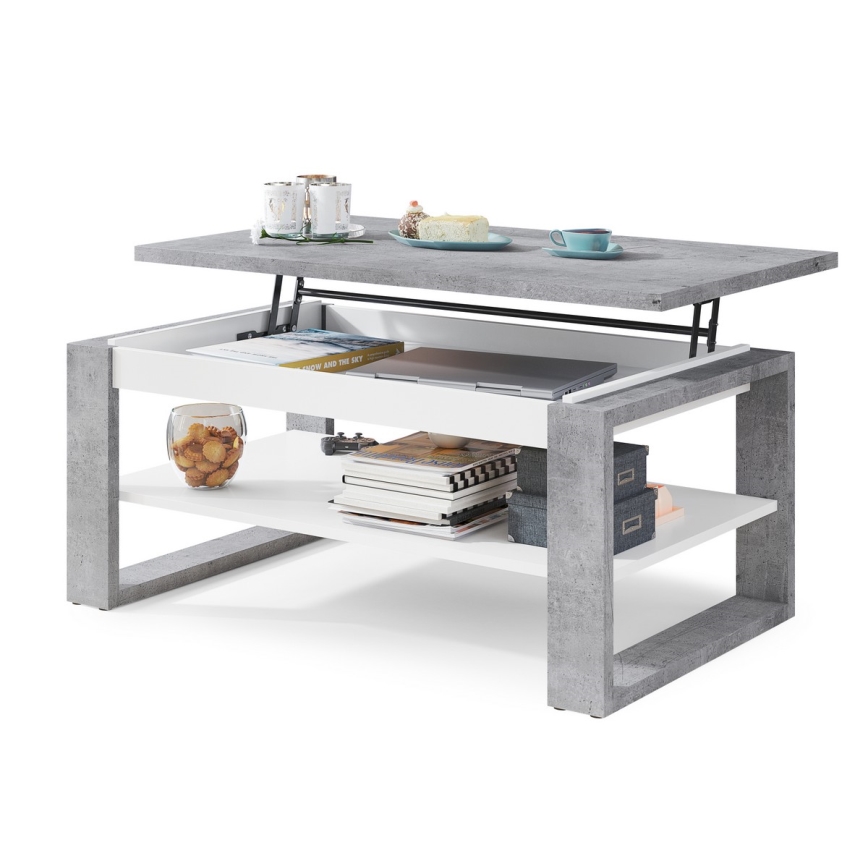 Mesa de centro NEA con tablero elevable y estante, gris hormigón/blanco