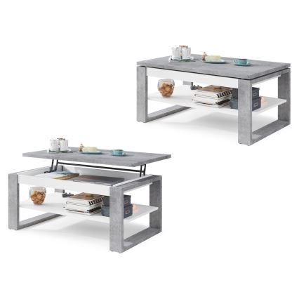 Mesa de centro NEA con tablero elevable y estante, gris hormigón/blanco