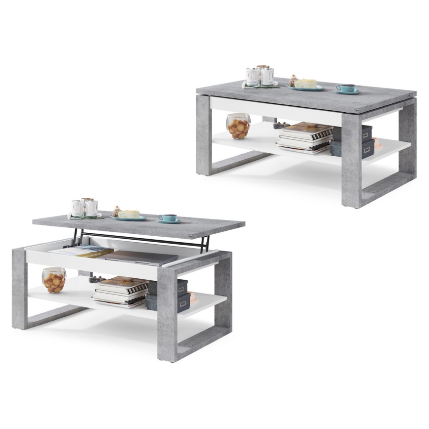 Mesa de centro NEA con tablero elevable y estante, gris hormigón/blanco