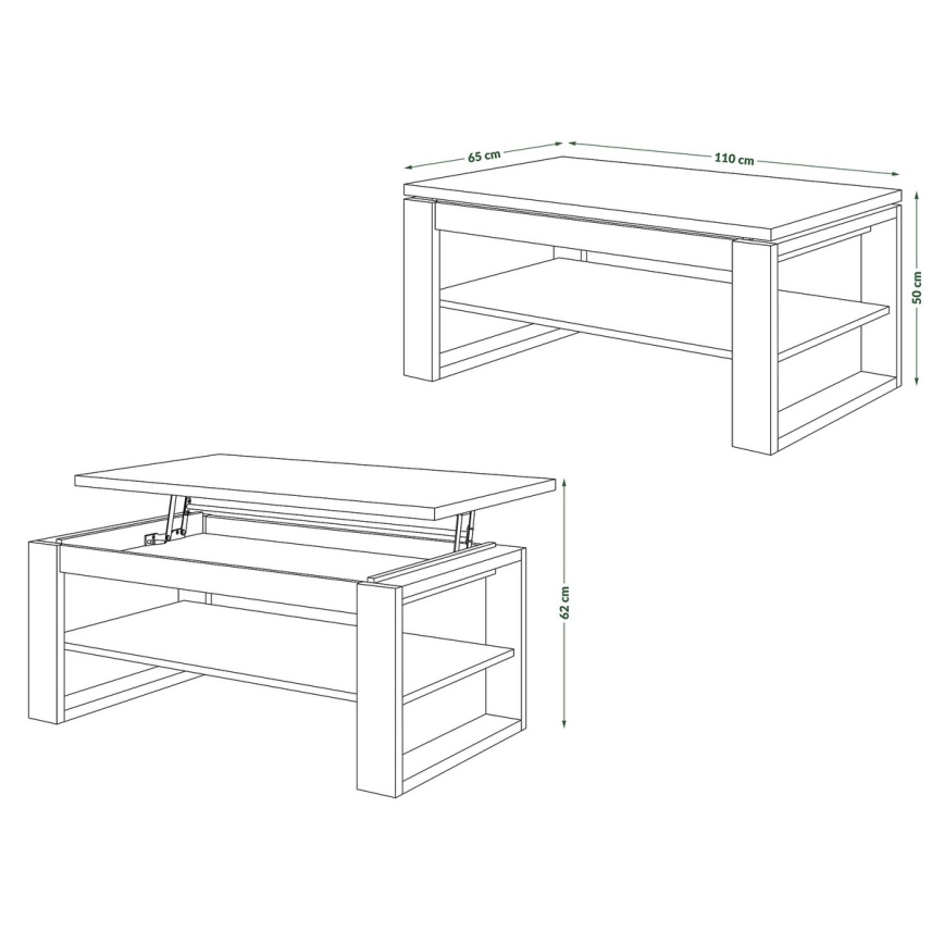 Mesa de centro NEA con tablero elevable y estante, gris hormigón/blanco